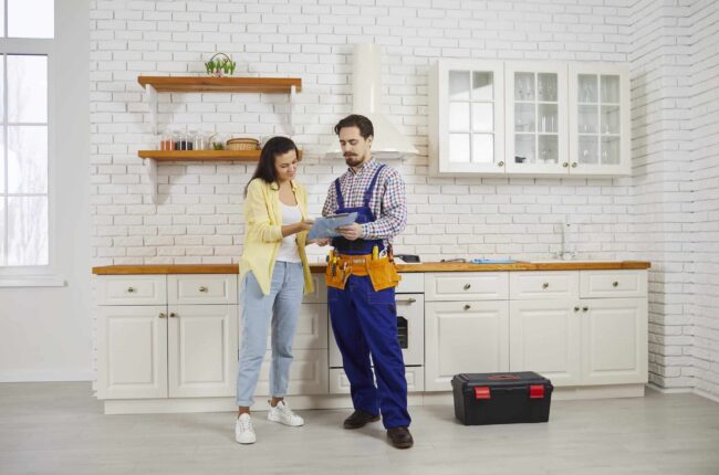 Female client sign deal with male plumber Kitchen Remodeling Services Fort Collins CO