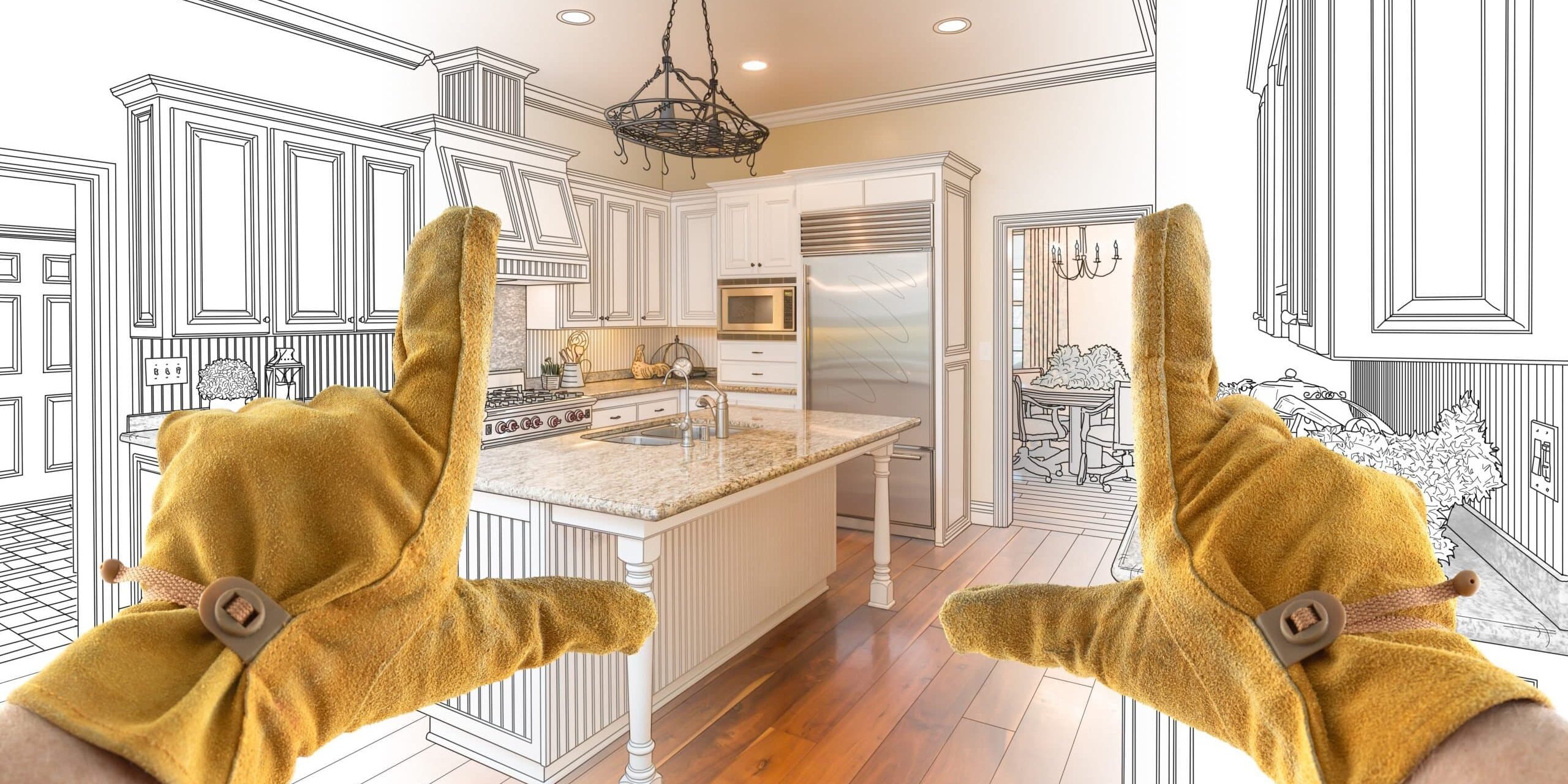 Male Contractor Hands Framing Completed Section of Custom Kitchen Design Drawing. Kitchen Remodeling Companies Fort Collins CO