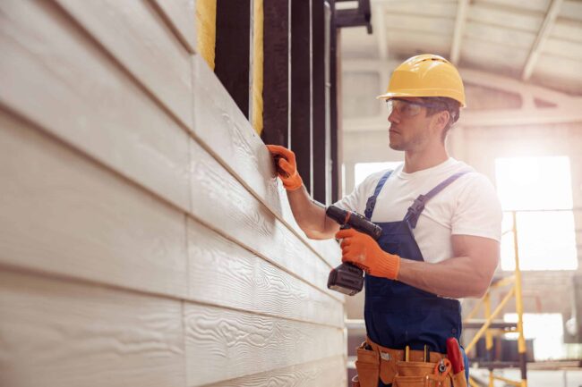 Handsome young man builder installing exterior wood siding Siding Contractor Fort Collins CO