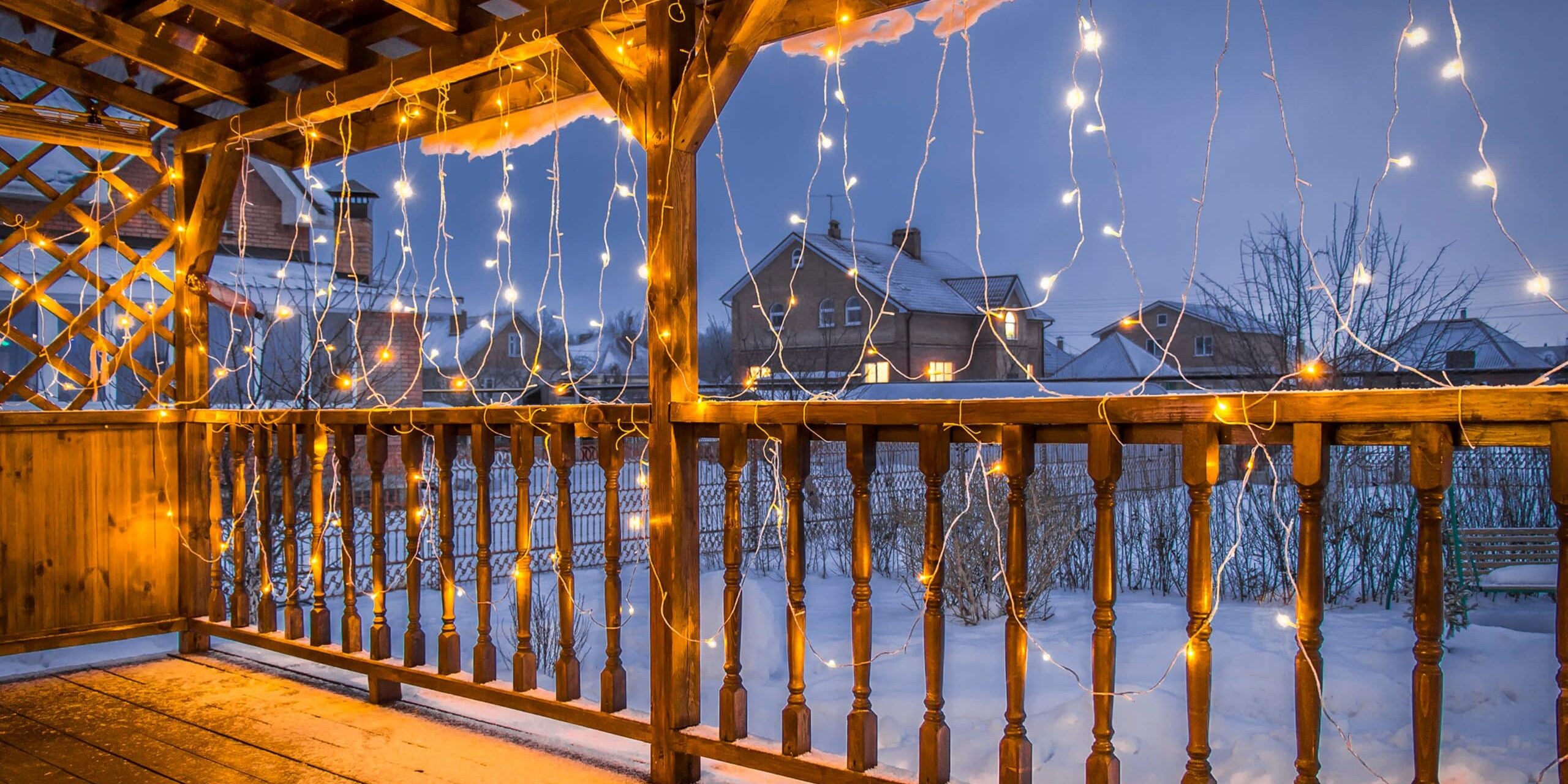 The terrace view, decorated with Christmas lights. Deck Lighting Fort Collins CO